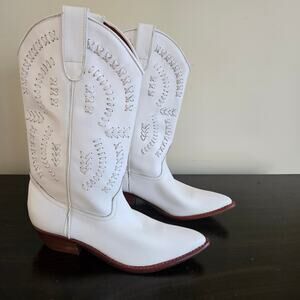 Vintage White Leather Cowboy Boots, Size 8.5 Chile Pointed Toe
